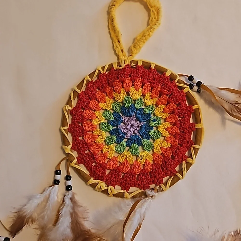 Hand Crafted crochet dream catcher rainbow colors textile art handmade holiday